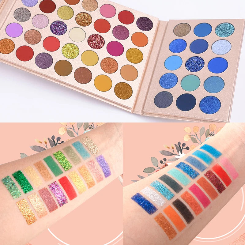 65-Color Spring/Summer Eyeshadow Palette-Foldable Design,Green, Blue & Red-Yellow Color Stories,Matte & Shimmer Finishes